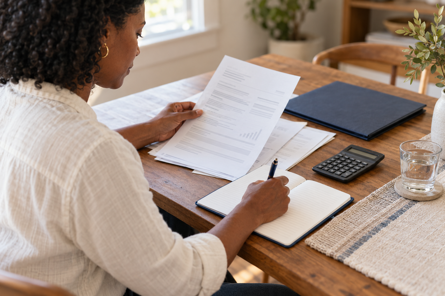 Illustration of a person reviewing financial records at a table